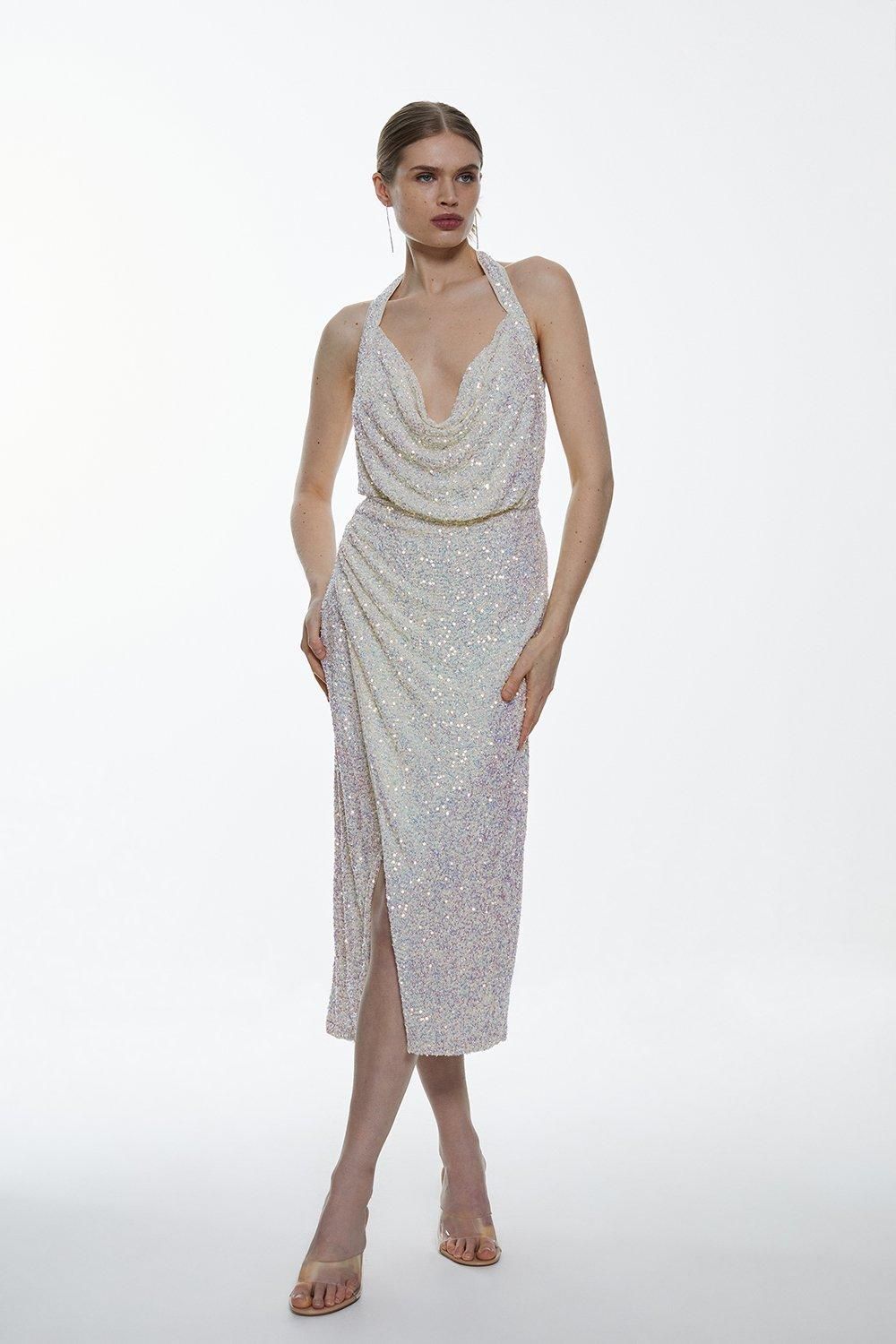 Sequin Halter Cowl Neck Maxi Dress | Karen Millen UK + IE + DE + NL