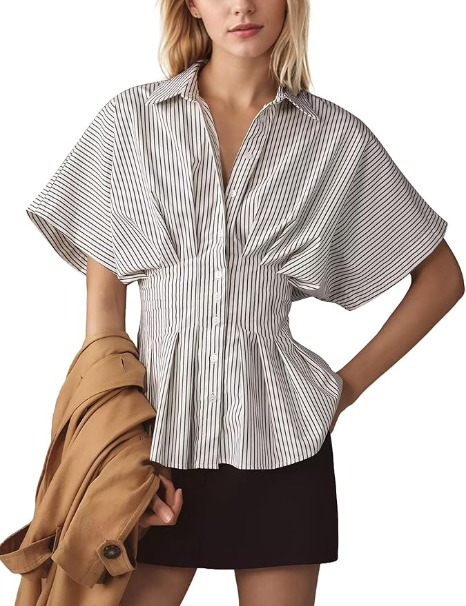 Women Striped Button Pleated Shirts Short Sleeve Summer Casual Peplum Blouse | Amazon (US)