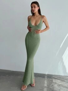 Aloruh Elegant Deep V Neck Hollow Out Spaghetti Strap Back Tie Fitted Long Knitted Dress | SHEIN