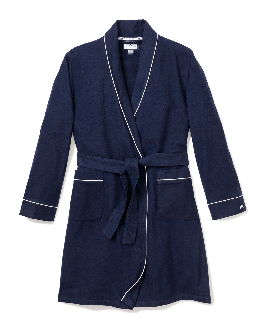 Kid's Flannel Robe in Navy with White Piping | Petite Plume