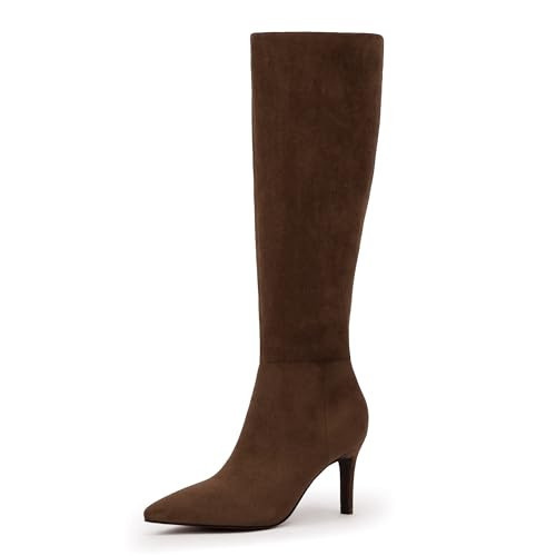 Easyfox Tall Dark Brown Suede Suede Boots Knee High Boots Pointed Toe Long Boots Side Zipper Stiletto High Heels Knee High Boots Dark Brown Suede Suede Size 11 | Amazon (US)