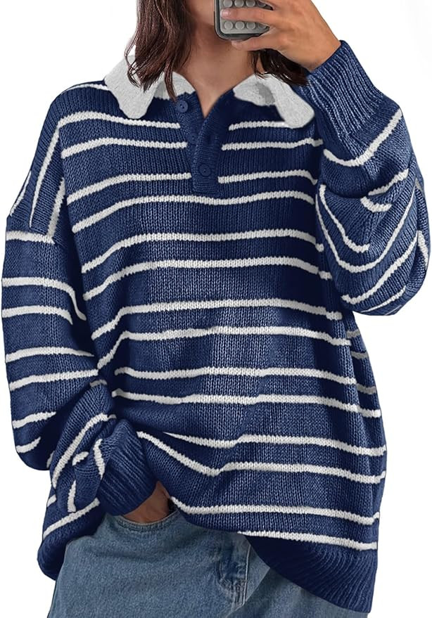 Saodimallsu Womens Striped Swaters Button Collared Polo Shirts Oversized Long Sleeve Chunky Knit ... | Amazon (US)