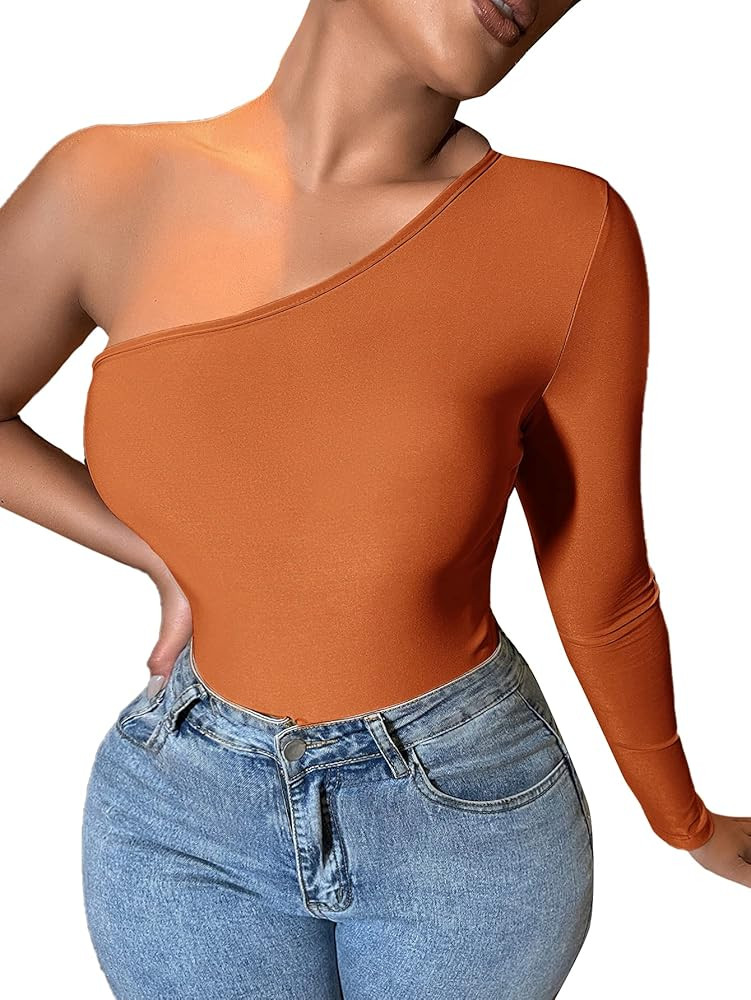 Verdusa Women's One Shoulder Long Sleeve Ribbed Fitted Crop Top Tee Shirt | Amazon (US)