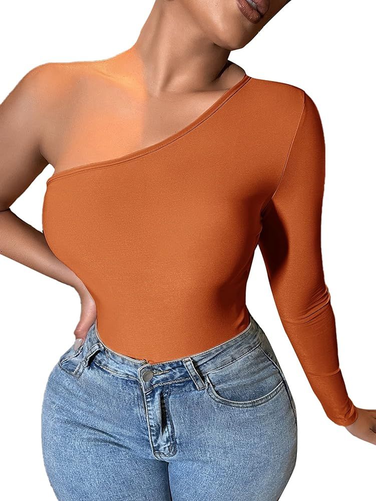 Verdusa Women's One Shoulder Long Sleeve Ribbed Fitted Crop Top Tee Shirt | Amazon (US)