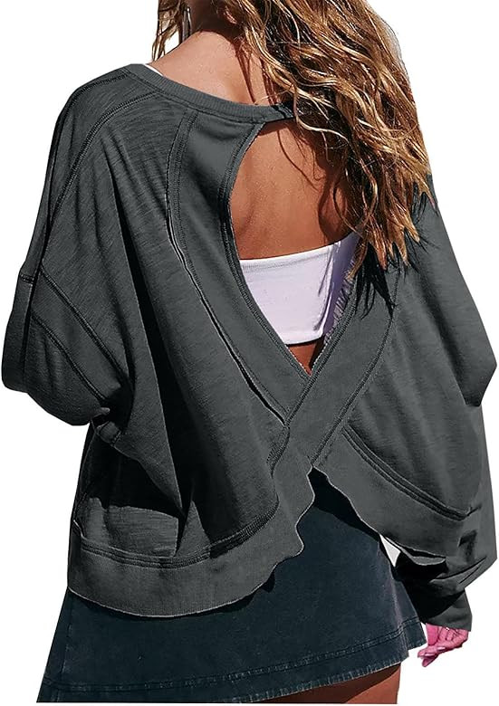 Trendy Open Back Tops for Women Workout Gym Yoga Athletic T Shirts Long Sleeve Backless Trendy Ru... | Amazon (US)