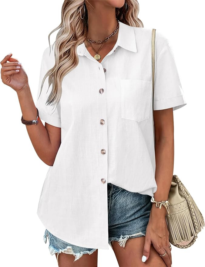 Zeagoo Womens Button Down Shirts Color Block Short Sleeve Cotton Linen Summer Causal Blouses Tops | Amazon (US)