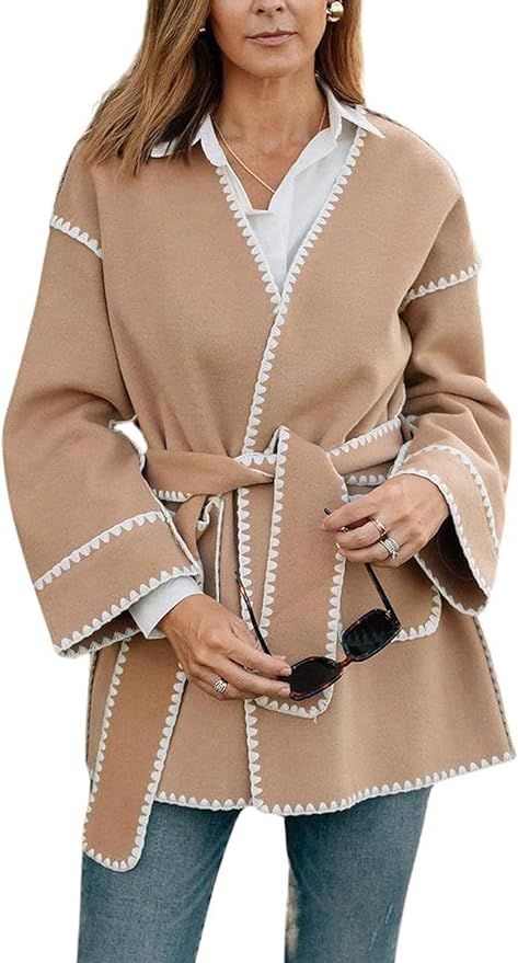 chouyatou Women's Fall Belted Embroidered Wool Jacket Business Casual Oversized Winter Wool Coat | Amazon (US)
