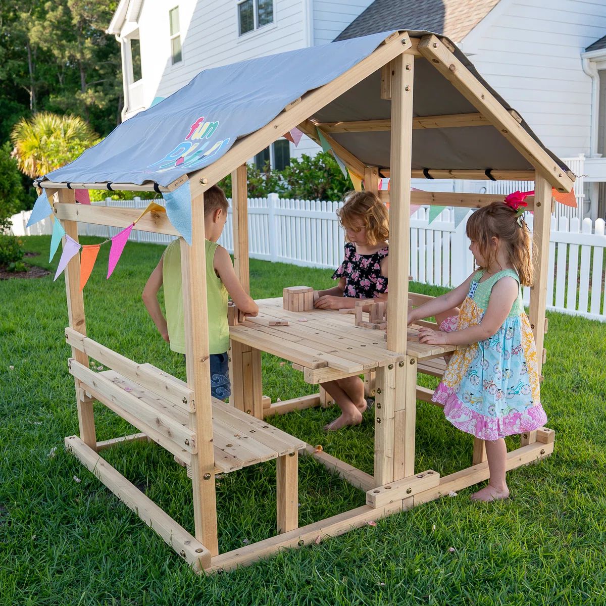 Funphix Kids Klubhouse Wooden Playhouse Outdoor Indoor, DIY Backyard Playhouse with Table and Ben... | Wayfair North America