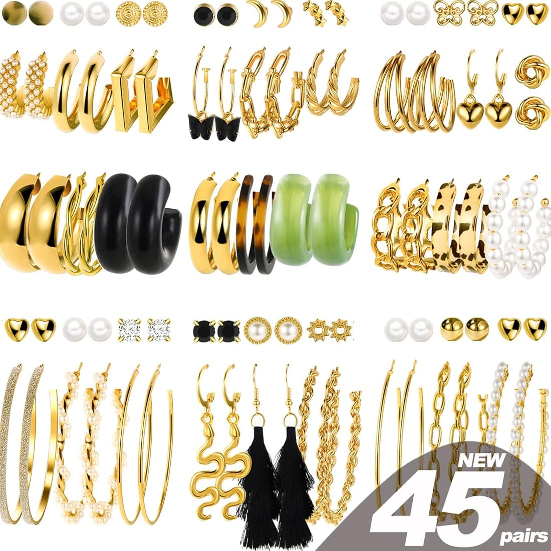 45 Pairs Gold Hoop Earrings for Girls Women, Chunky Twisted Small Big Hoops Earring Packs Set, Ea... | Amazon (US)