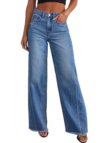 PRETTYGARDEN Wide Leg Jeans for Women Trendy High Waisted Stretchy Baggy Raw Hem Denim Palazzo Pants 2026 Spring Fall Clothes (Dark Blue,6) | Amazon (US)