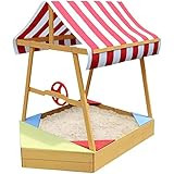 Critter Sitter Children's Wood Sand Box Boat with Red and White Striped Canopy, Wheel, and Bottom Li | Amazon (US)
