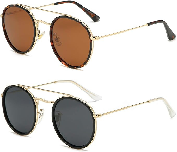 DUSHINE Small Round Double Bridge Sunglasses For Women Men Polarized 100% UV Protection | Amazon (US)