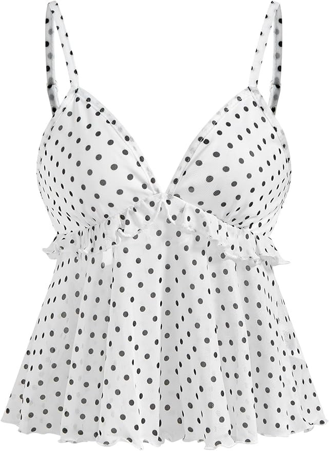 Milumia Women's Polka Dots Spaghetti Strap Tank Tops Ruffle Hem Peplum Tops | Amazon (US)