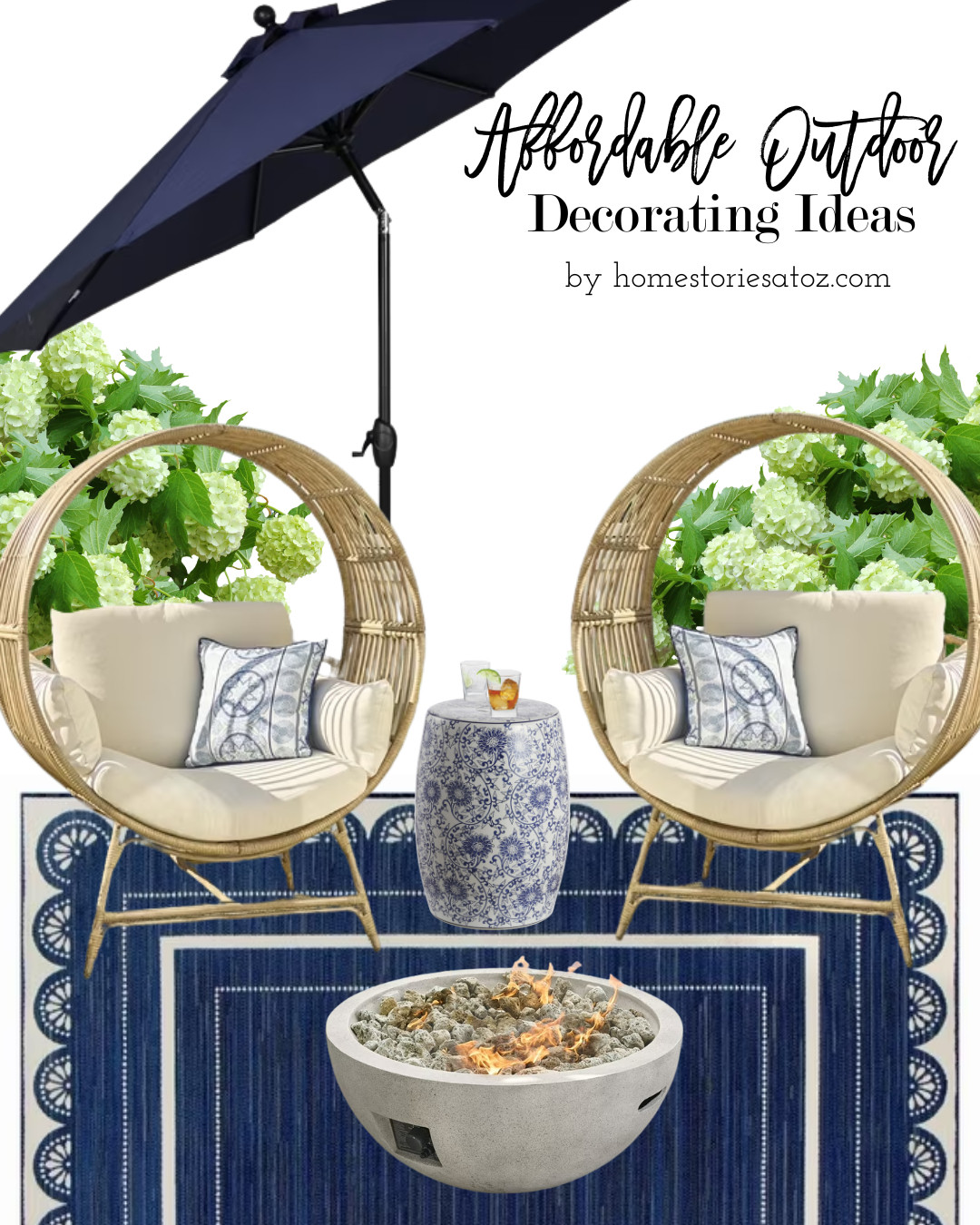 Cozy up around the fire this summer in style! This affordable backyard retreat is giving major resort vibes thanks to these stunning rattan egg chairs, navy scalloped patio umbrella, and concrete fire pit — all found at Walmart!

Paired with a blue scalloped outdoor rug, ceramic garden stool, and floral outdoor pillows, this space feels like a designer look on a budget. And those white hydrangeas? The perfect backdrop for your summer sips.

Everything is linked for you to shop & recreate this space with ease!

#BackyardGoals #BHGWalmart #WalmartOutdoorDecor #EggChairs #PatioFirePit #SmallPatioIdeas #BackyardRetreat #WalmartPatioFinds #CozyOutdoorSpaces #AffordableOutdoorLiving #GardenStool #OutdoorStyle #FirePitSeason #LTKOutdoor #LTKHome 

 #LTKHome