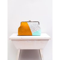 Womens Minimalist Colorblock Clutch Purse, Kiss Lock Geometric Bag, Metal Frame Multicolor Mustard, Mint | Etsy (US)