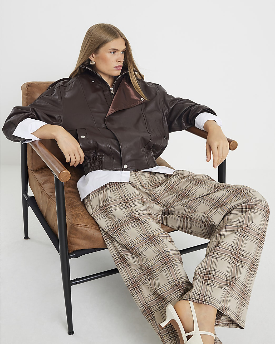 Beige Check Wide Leg Trousers | River Island UK & IE