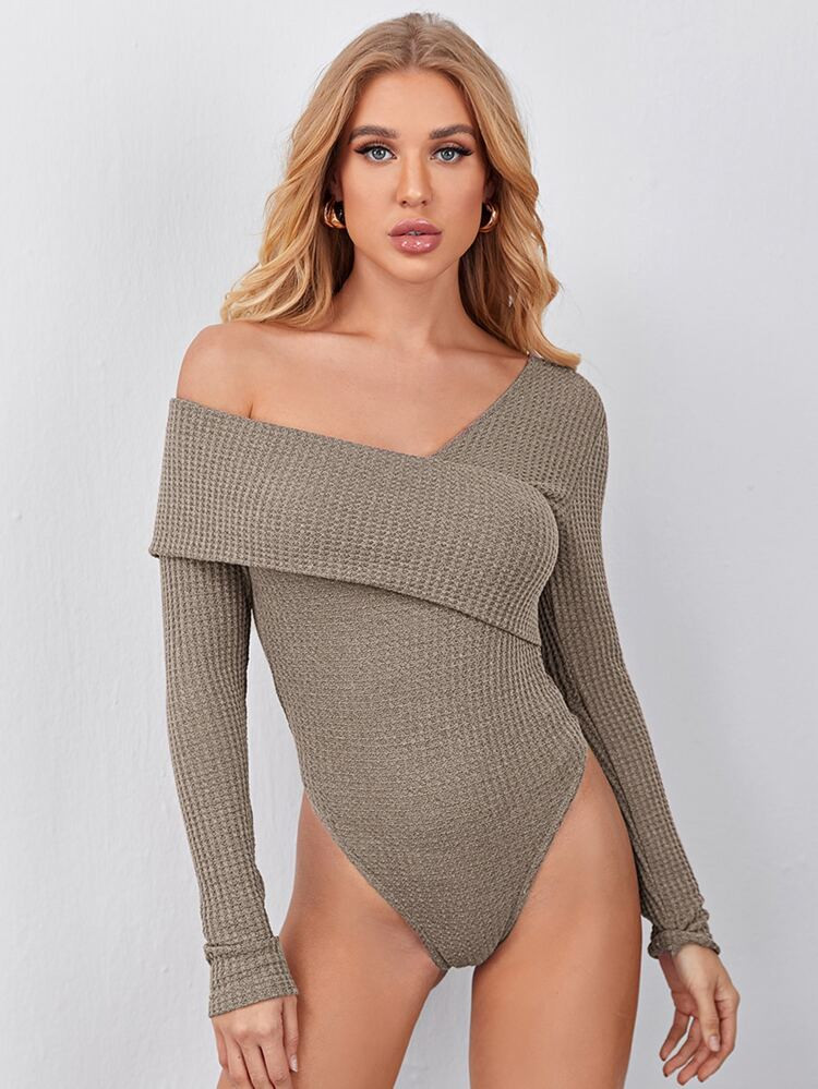 SHEIN Foldover Asymmetrical Neck Waffle Knit Bodysuit | SHEIN