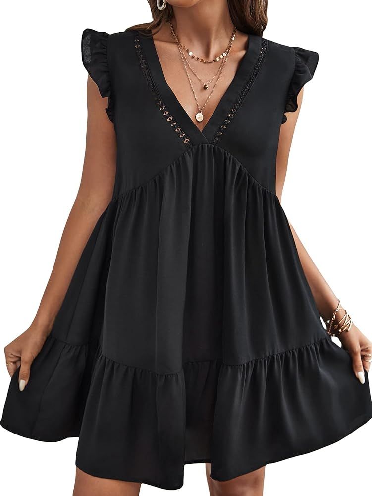 SOLY HUX Women's Summer Dress V Neck Smock Ruffle Swing Babydoll Mini A Line Dress Loose Fit Shor... | Amazon (US)