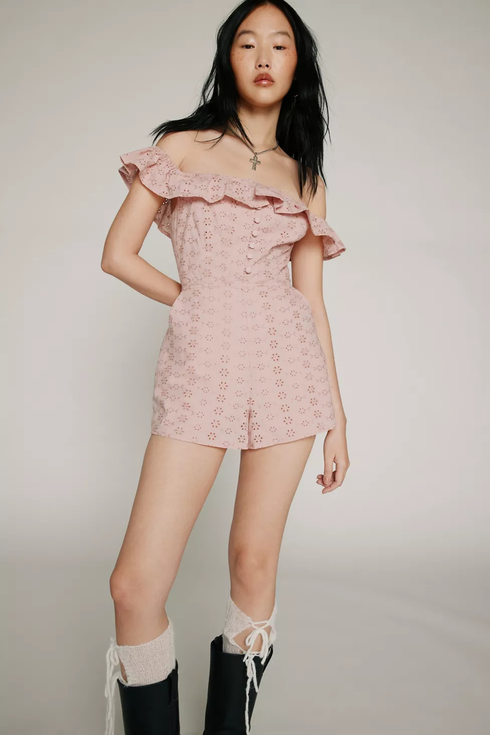 Kimchi Blue Jeena Eyelet Off-The-Shoulder Romper | Urban Outfitters (US and RoW)
