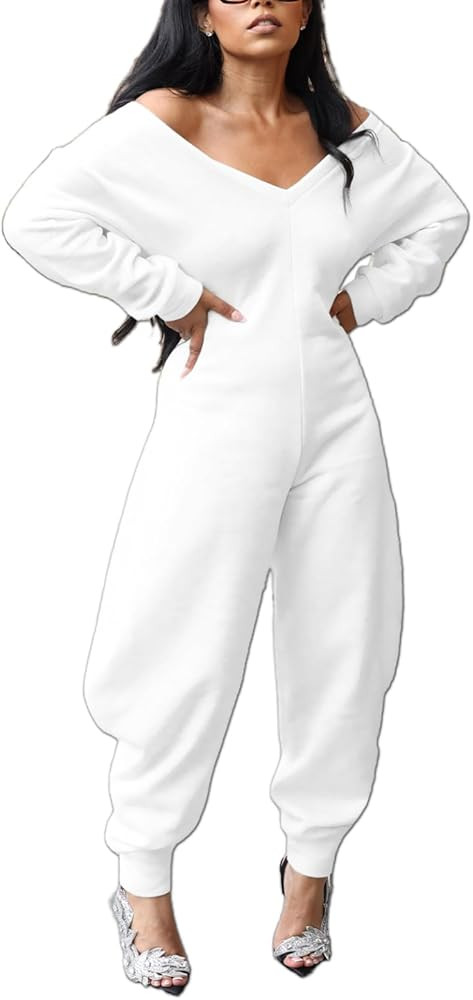 Womens Sexy Solid Color Jumpsuit Comfy V Neck Off Shoulder Long Sleeve Wide Leg Romper Baggy Club... | Amazon (US)