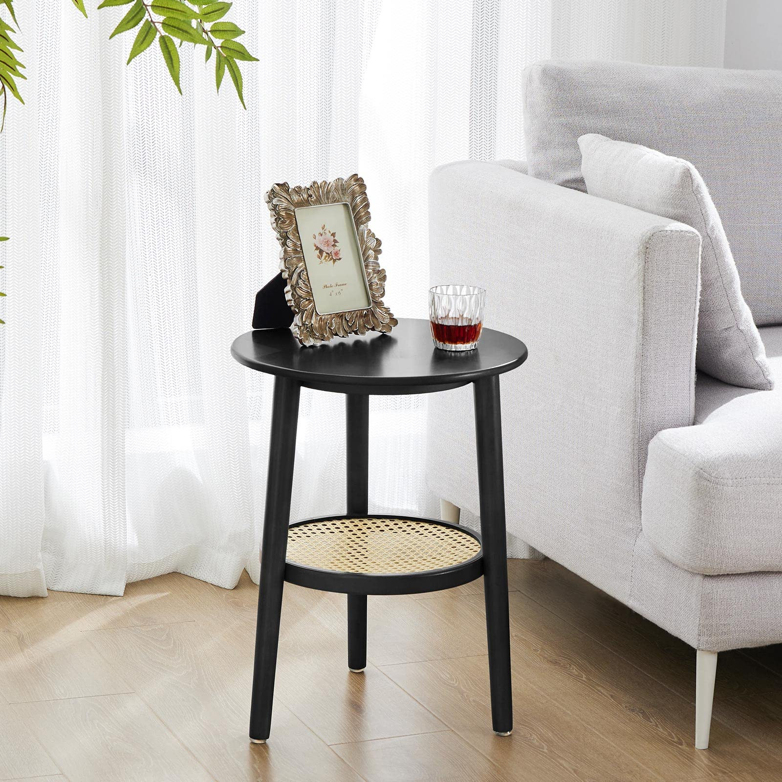 APICIZON Round Side Table with Storage, Black Rattan Nightstand Bedside Table, Small End Table fo... | Amazon (US)