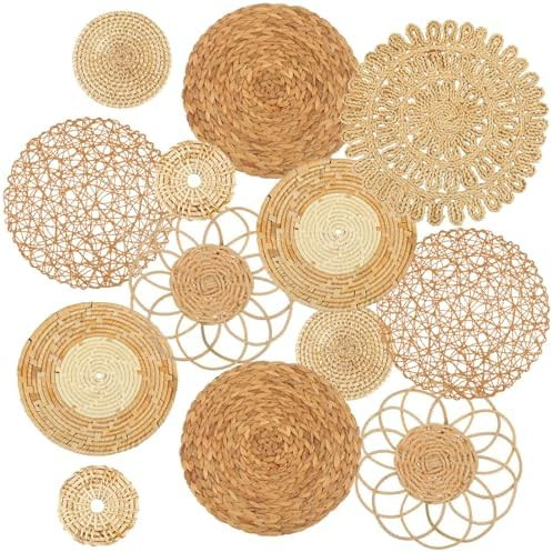 Glenmal Set of 13 Boho Wall Basket Decor Woven Rattan Flat Baskets Handmade Boho Wicker Bamboo Se... | Amazon (US)