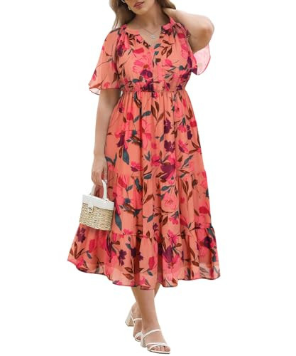 RITERA Women's Plus Size Summer Dress X V Neck Chiffon Ruffle Sleeve Boho Dresses Lightweight Pink Floral Plus Size Wedding Guest Dress A-Line Flowy Maxi Dresses with Pockets XL 14W 16W | Amazon (US)
