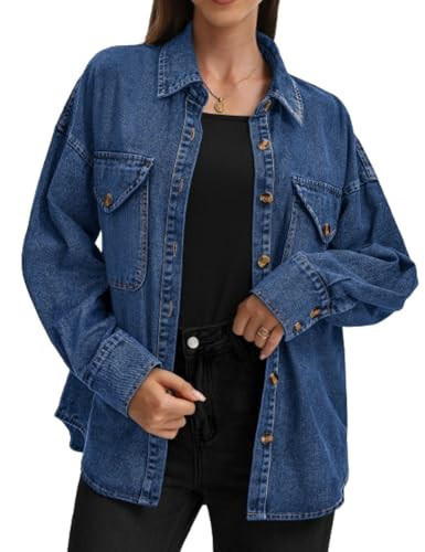 POTILI Women's Oversized Denim Shirt Long Sleeve Boyfriend Jean Jacket Button Down Blouse Top Dark Blue | Amazon (US)