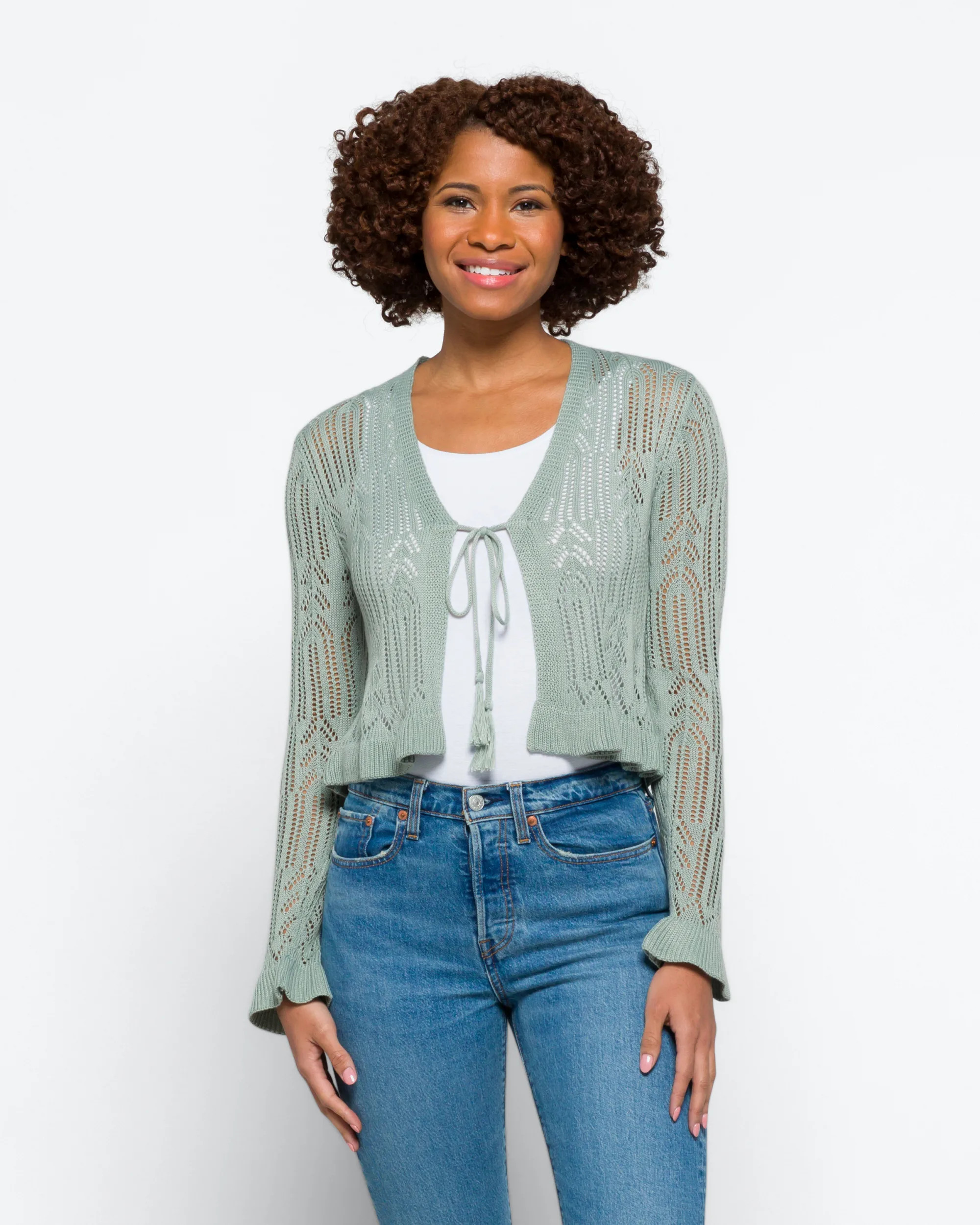 Caressa Tie Front Pointelle Cropped Cardigan | Stitch Fix