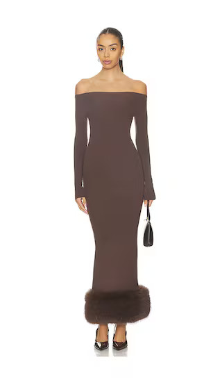 Ling Off The Shoulder Faux Fur Detail Dress in Brown | Revolve Clothing (Global)