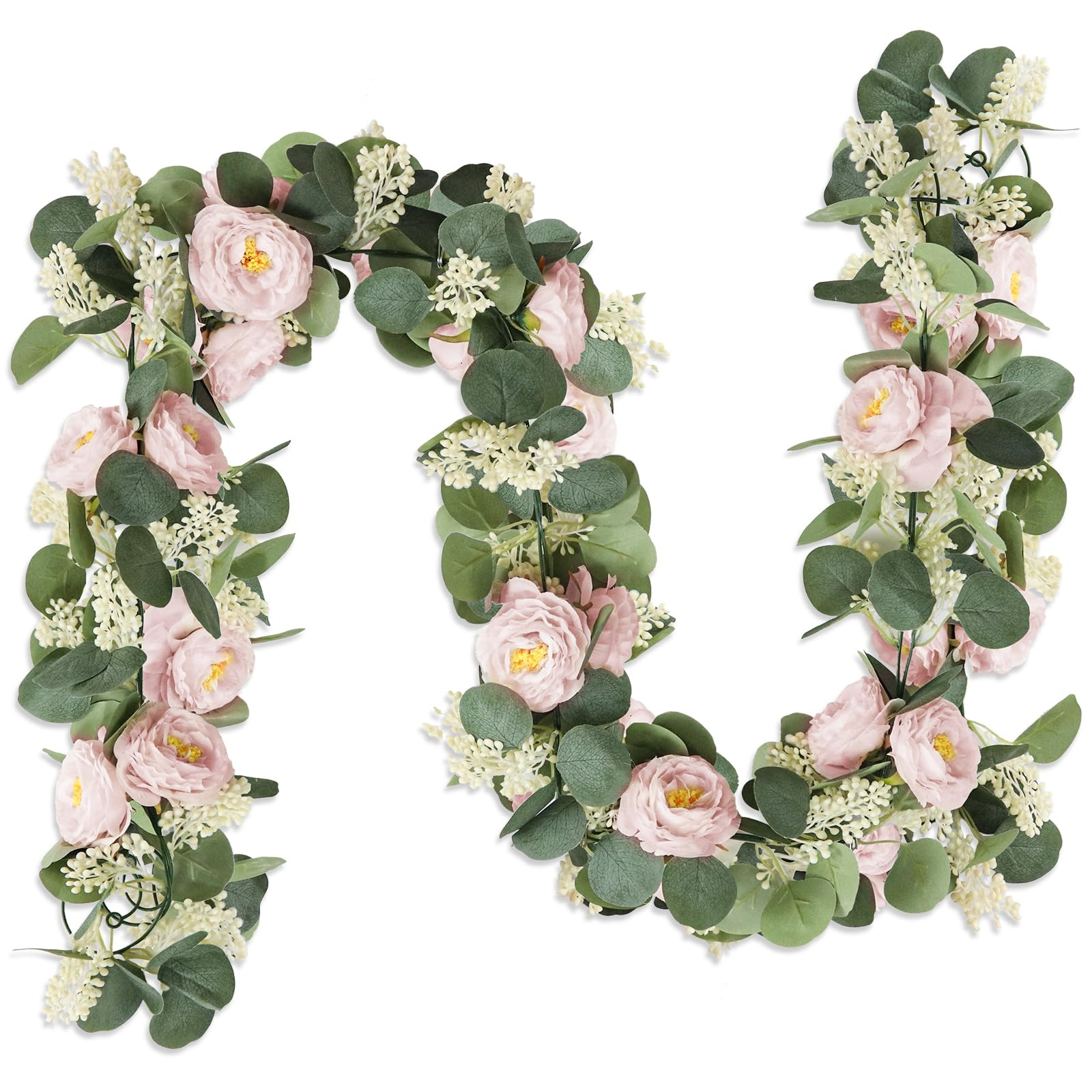 MAKHOT 2 Pcs Pink 6.6Ft Artificial Eucalyptus Flower Garland with Fake Rose Flower Vine Seeded Eu... | Amazon (US)