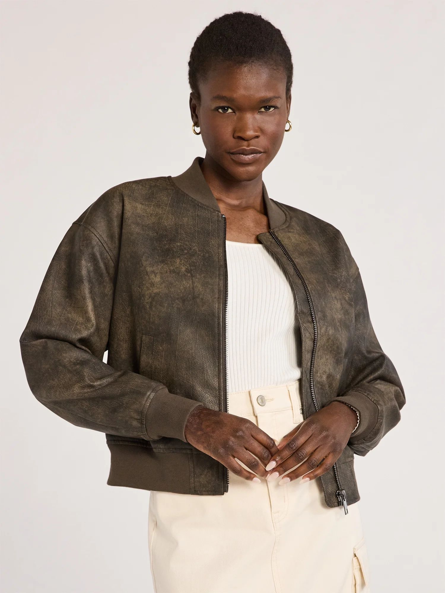 Scoop Women’s Distressed Faux Leather Cropped Bomber Jacket, Sizes XS-XXL - Walmart.com | Walmart (US)