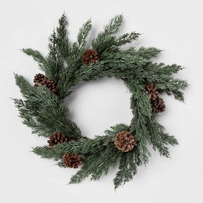 18" Artificial Cedar Wreath with Pine Cones and Glitter Green - Threshold™ | Target