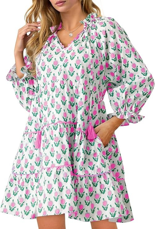 Wenrine Womens Casual Mini Dress Long Sleeve Floral Ruffle V Neck Fall Loose Boho Babydoll Dresse... | Amazon (US)