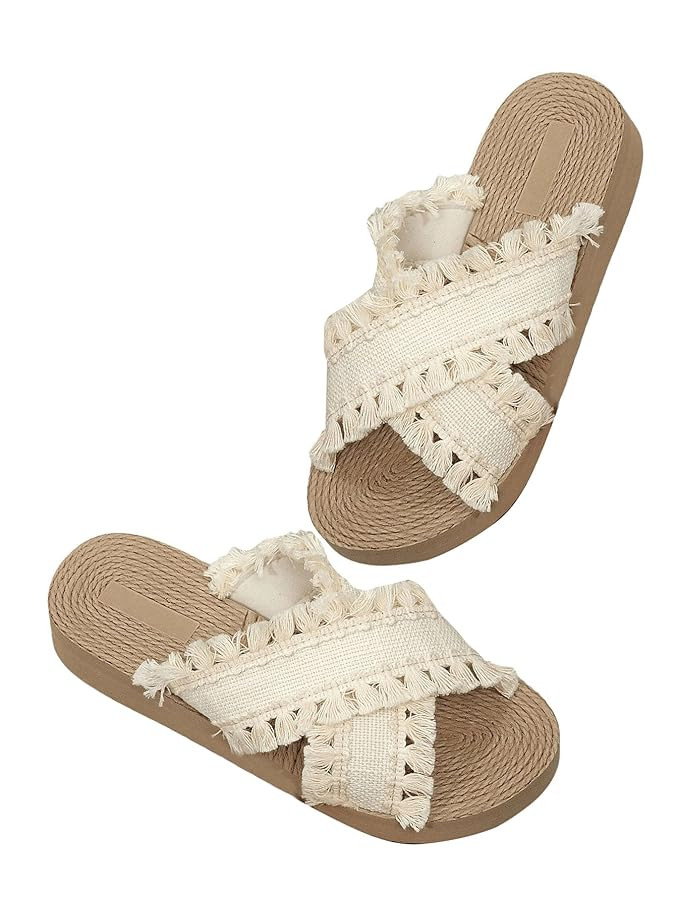 Verdusa Women's Fringe Criss Cross Strap Summer Sandals Slip On Slides Outdoor Shoes | Amazon (US)