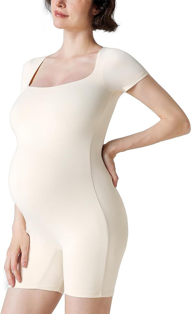 POSHDIVAH Women's Maternity Jumpsuit Square Neck Bodysuit Pregnancy T Shirt Tops Short Sleeve Rom... | Amazon (US)