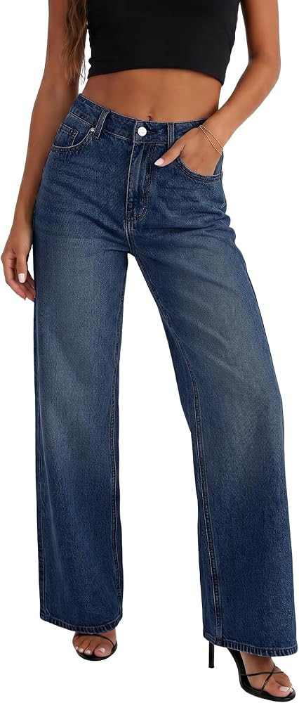 HDLTE Straight Leg Jeans for Women, High Waisted Wide Leg Jeans Loose Stretchy Denim Pants Trousers Trendy with Pockets | Amazon (US)