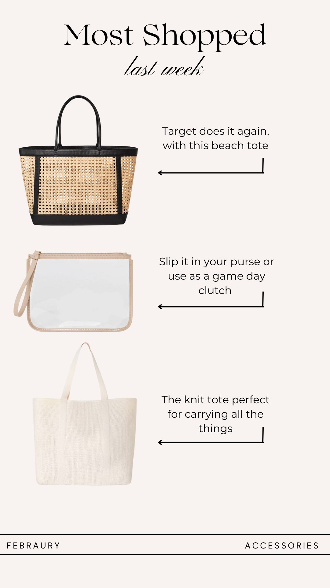 Last week’s most shop styles, all target finds for your spring break vacation.  Designer inspired beach types, pool bags and more. Rattan tote | knit tote

#targetstyle #vacation # beachvacation

#LTKFindsUnder50 #LTKSeasonal #LTKTravel