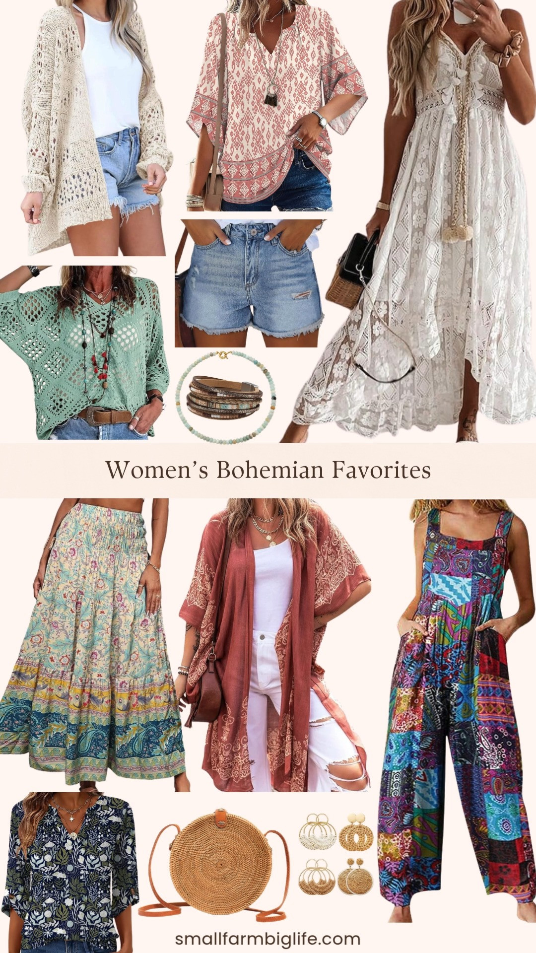 Bohemian spring and summer favorites from Amazon and this round up is everything right now 🌿✨ A round rattan bag, a floral casual V neck 3/4 sleeve tunic top, an aqua blue summer crochet long sleeve sweater, a beaded gemstone necklace, four pairs of handmade raffia rattan bohemian round drop dangle earrings, a floral print loose wide leg bib overall jumpsuit with pockets, a terracotta kimono, high waisted denim shorts, a white sleeveless lace tassel spaghetti strap flowy maxi sun dress, a leather wrap bracelet, a cream crochet cardigan kimono sweater, an orange patterned tank top, a floral boho maxi skirt, and a pink and cream 3/4 sleeve boho V neck top. So many beautiful bohemian pieces in this round up that mix and match together so beautifully for the most effortless and free spirited spring and summer style. Whether you are heading to a festival, the beach, vacation, or just want an easy and beautiful everyday boho outfit Amazon has you completely covered right now at such amazing prices. Everything is linked! 🛒🌿 

 #LTKFestival #LTKgrwm #LTKootd