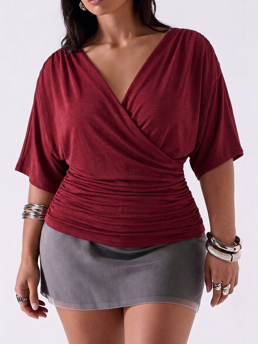 NEWSHEIN EZwear Plus Size Women's Solid Color Pleated Casual Versatile Everyday T-Shirt | SHEIN