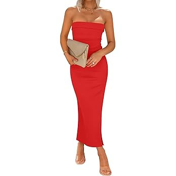 ZESICA Women's Summer Strapless Bodycon Midi Dress 2024 Off Shoulder Strapless Side Slit Tube Lon... | Amazon (US)