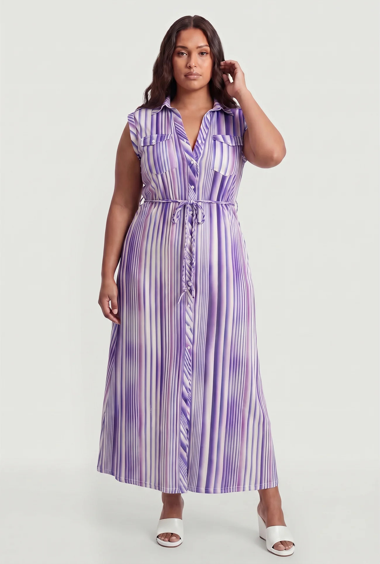 Plus Size Striped Sleeveless Shirt Dress | Rainbow Shops