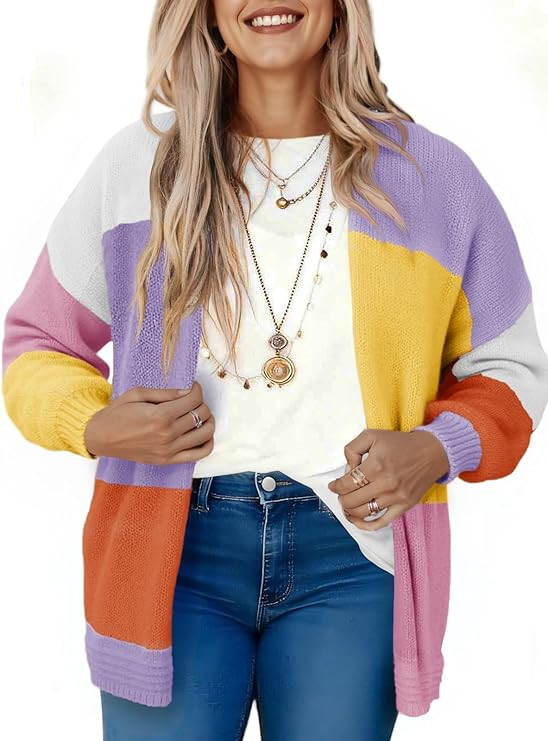 Saodimallsu Womens Boho Cardigans Color Block Long Sleeve Cardigan Open Front Sweaters Chunky Kni... | Amazon (US)