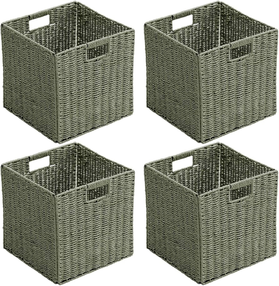 Handwoven Paper Woven Cube Basket Organizer with Handles set of 4 Foldable Storage baskets for Be... | Amazon (US)