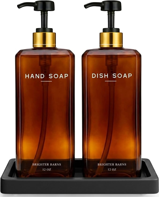 Amber Glass Hand and Dish Soap Dispenser Set by Brighter Barns - 12oz Kitchen Soap Dispenser Set ... | Amazon (US)