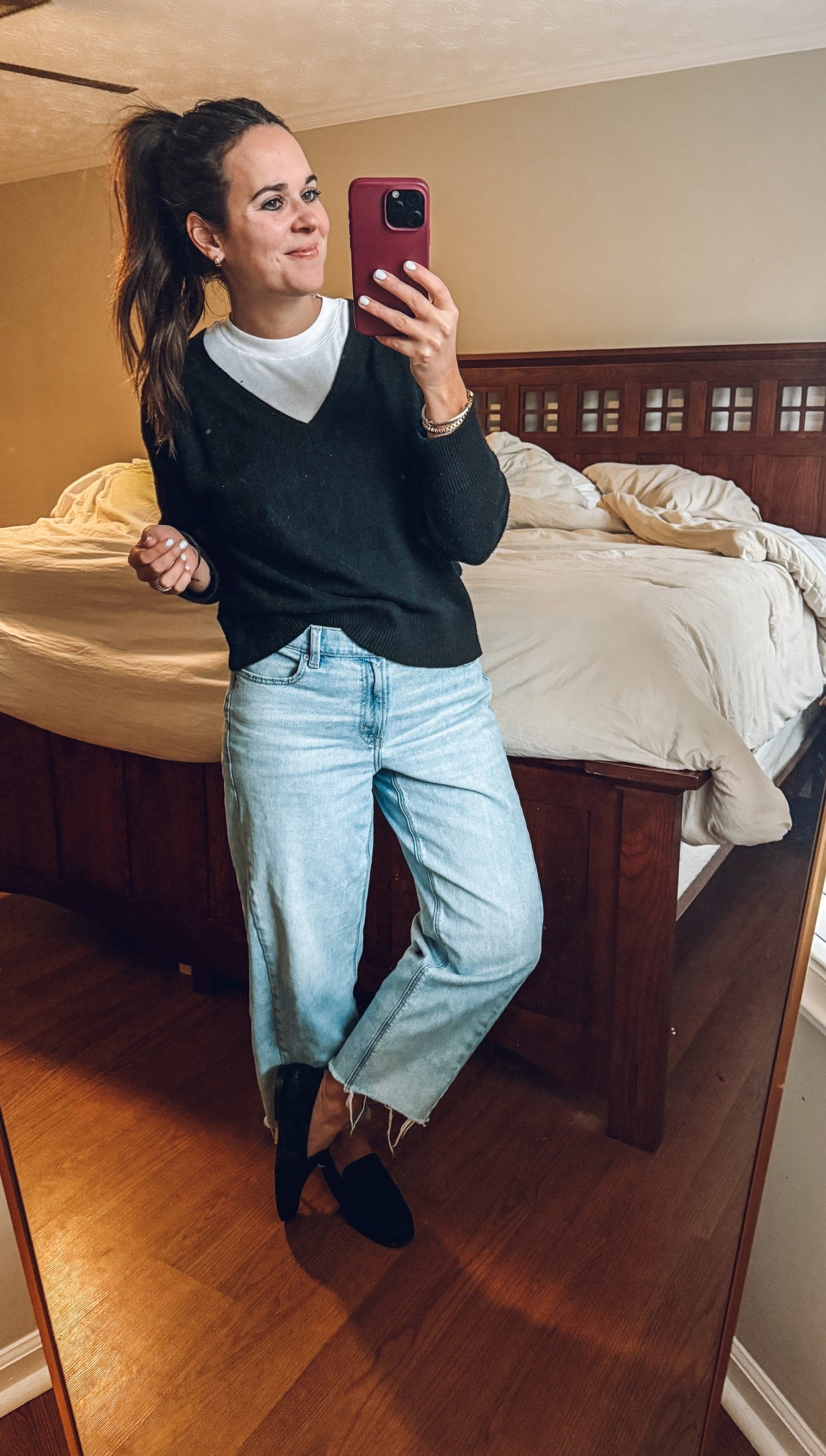 Jeans - 2 short (sized down one)
Tee - small
Sweater - small
Loafers - 7 (whole sizes only , size down if in between) 

#LTKootd #LTKFindsUnder50