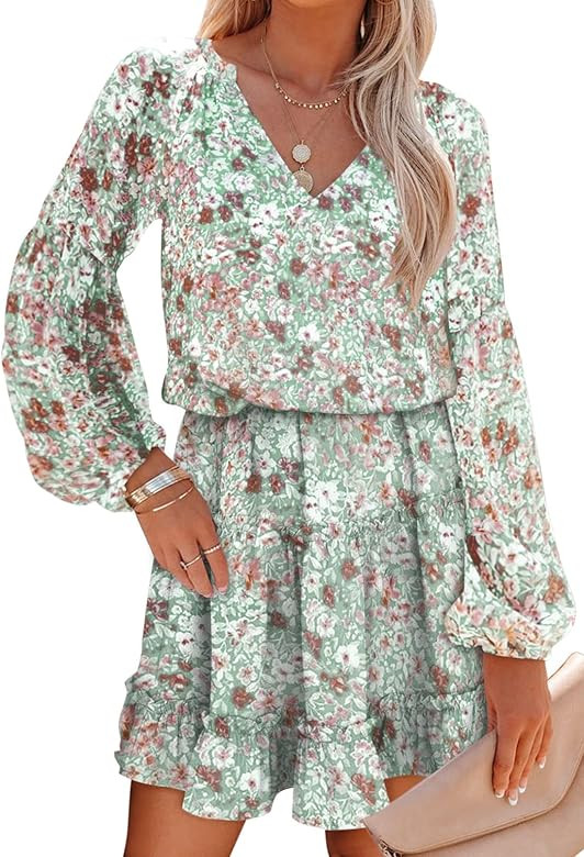 SHEWIN Womens 2022 Fall Summer V Neck Boho Dress Floral Print Ruffle Long Sleeve Flowy Casual Mid... | Amazon (US)