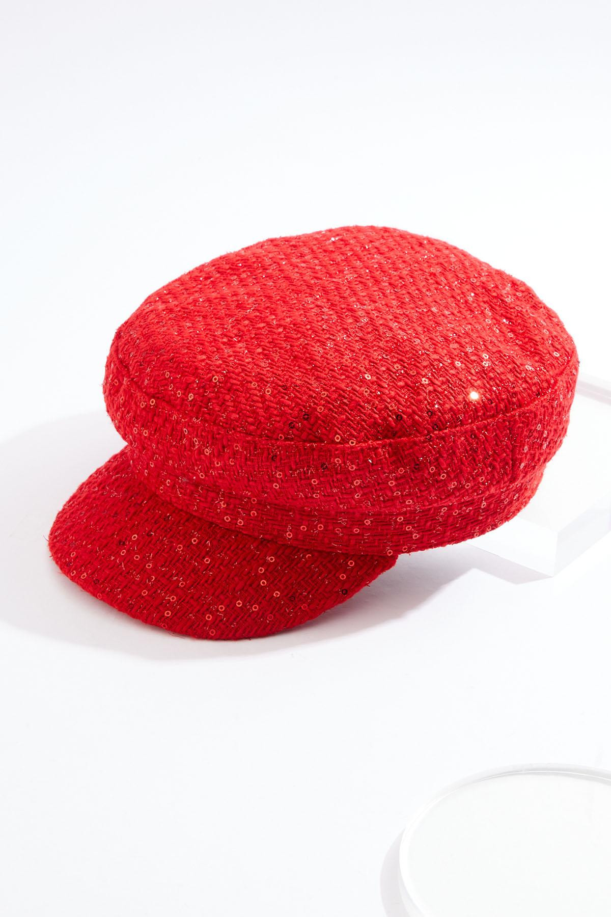Red Sequin Embellished Tweed Cabbie Hat | Cato Fashions