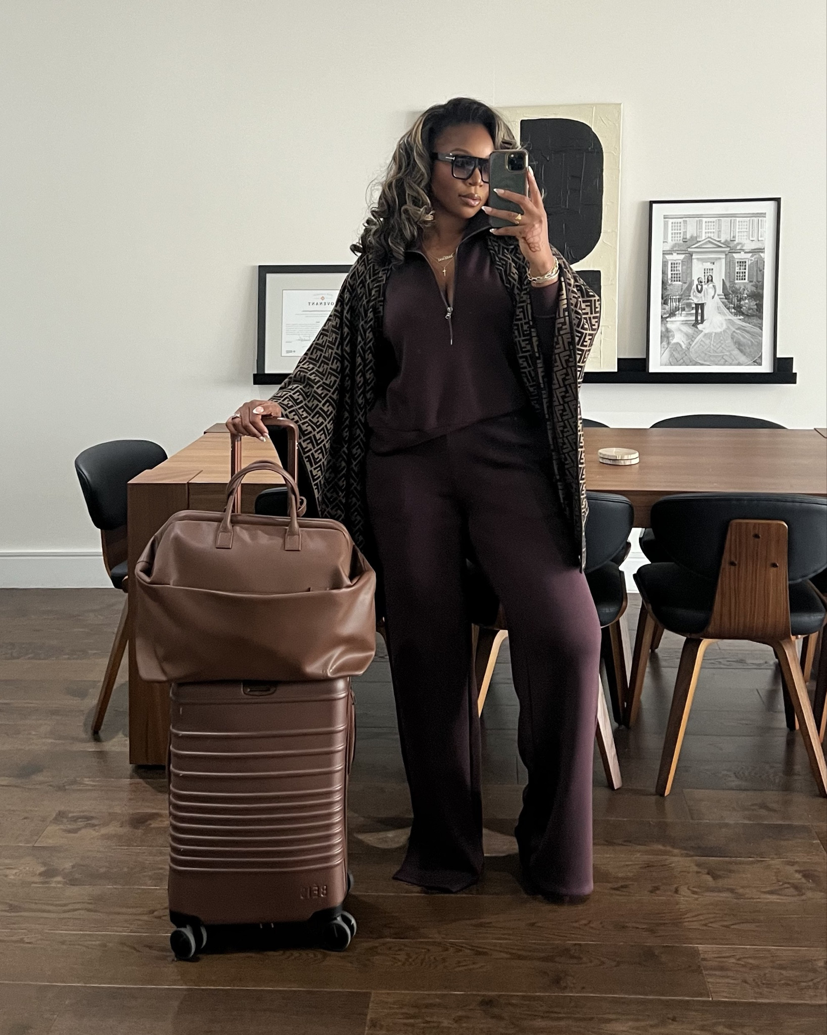My favorite travel uniform!!!!! Shawls are fendi and I can’t link them on LTK. 5’9 200 lbs and Sets are Large top and xl tall bottoms (I like mine roomy) use JANESHAXSPANX for $$ off your first order. So obsessed. And I LOVEEEE my new BEIS weekender!!!! Perfect and so lux  

#LTKStyleTip #LTKTall #LTKMidsize