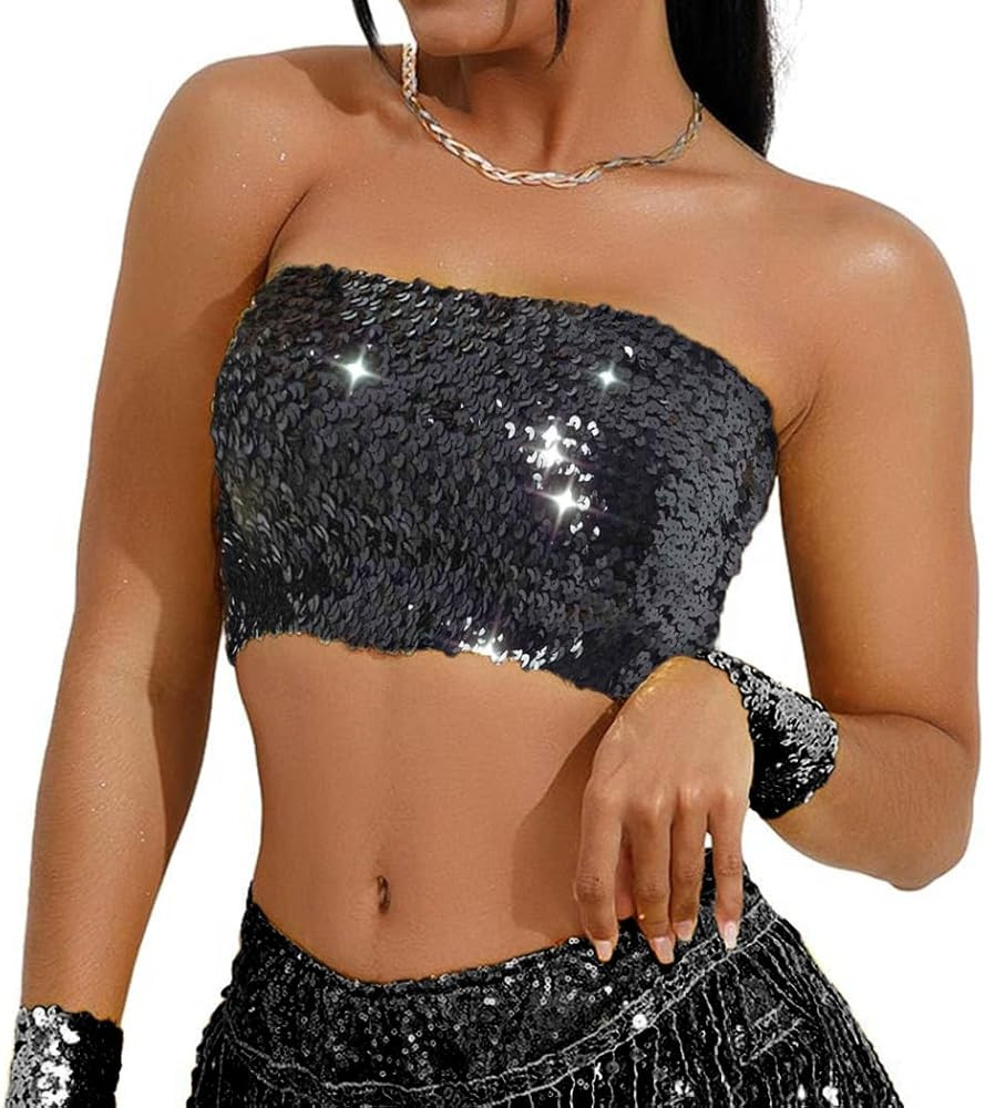 Kakaco Sequins Tube Top Stretch Bandeau Strapless Sequin Crop Top Party Club Wear Bra Top for Wom... | Amazon (US)